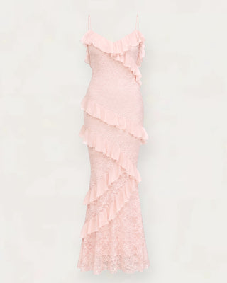 Vintage ruffle-lace kjóll bleikur