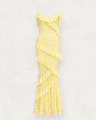 Vintage ruffle-lace kjóll gulur