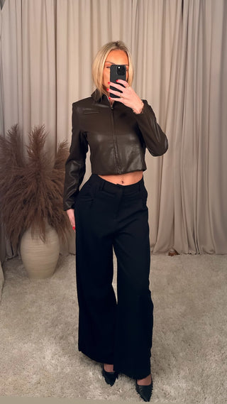 Drole zip leather jakki brúnn