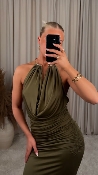 Lucy halter-gold kjóll olive