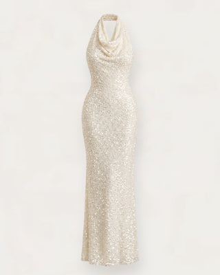Lucy halter pallíettukjóll offwhite
